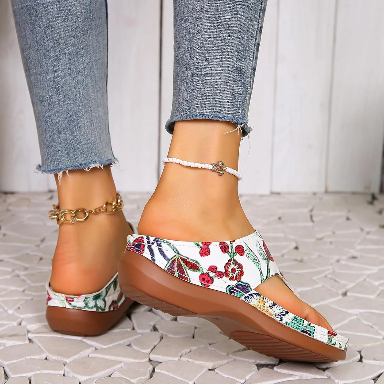 Orthopedic Sandals For Women Pattern Floral Print Flip Flop Wedge Lightweight And Comfortable Summer Vegan Woman Shoes