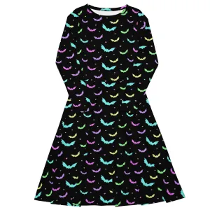 Pastel Bat Ladies Long Sleeve Midi Dress with Pockets