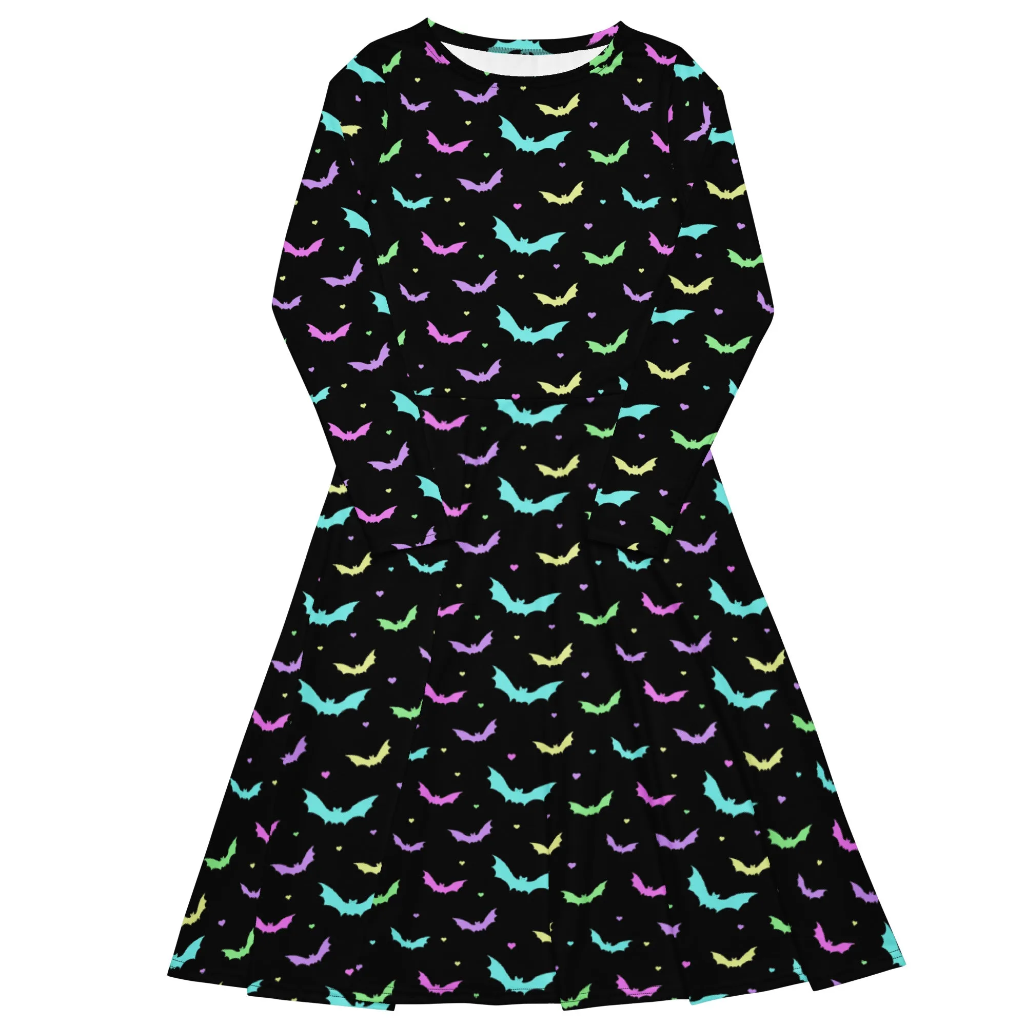 Pastel Bat Ladies Long Sleeve Midi Dress with Pockets