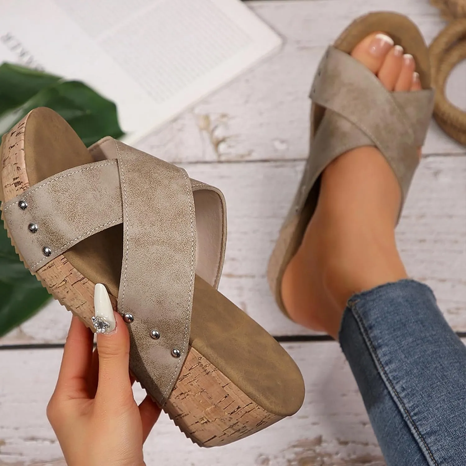 Platform Wedge Sandals for Women 2025 with Arch Support Wide Width Comfortable Open-Toe Cork Summer Wedges Sandals for Woman Casual & Dressy Beach Vacation Shoes