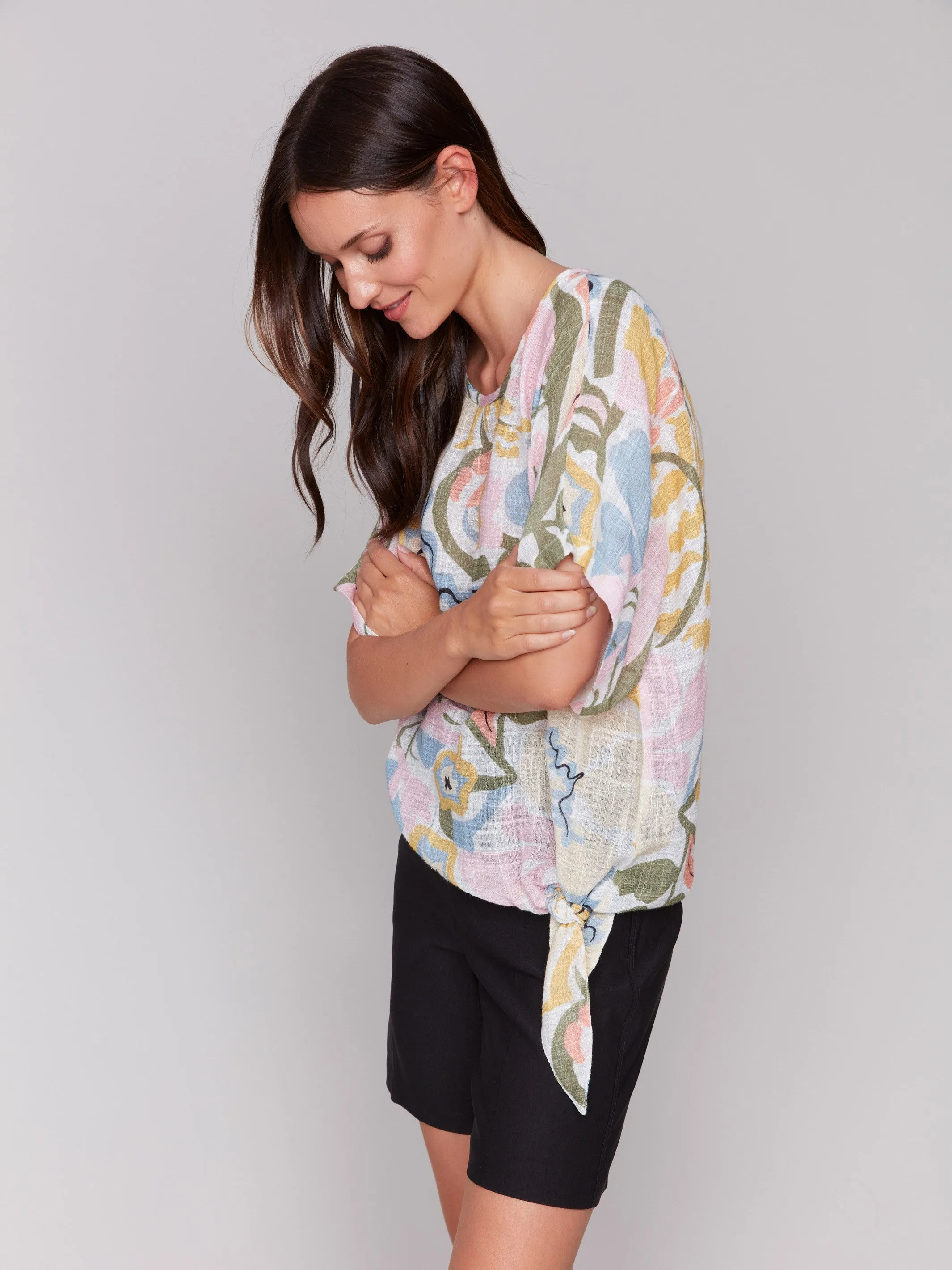 Printed Cotton Gauze Blouse with Side Tie - Pastel