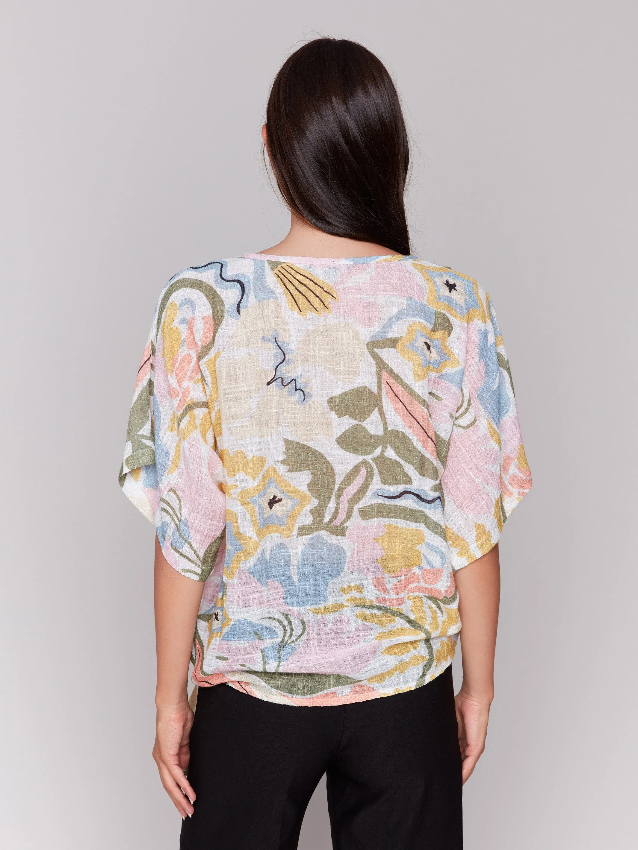 Printed Cotton Gauze Blouse with Side Tie - Pastel