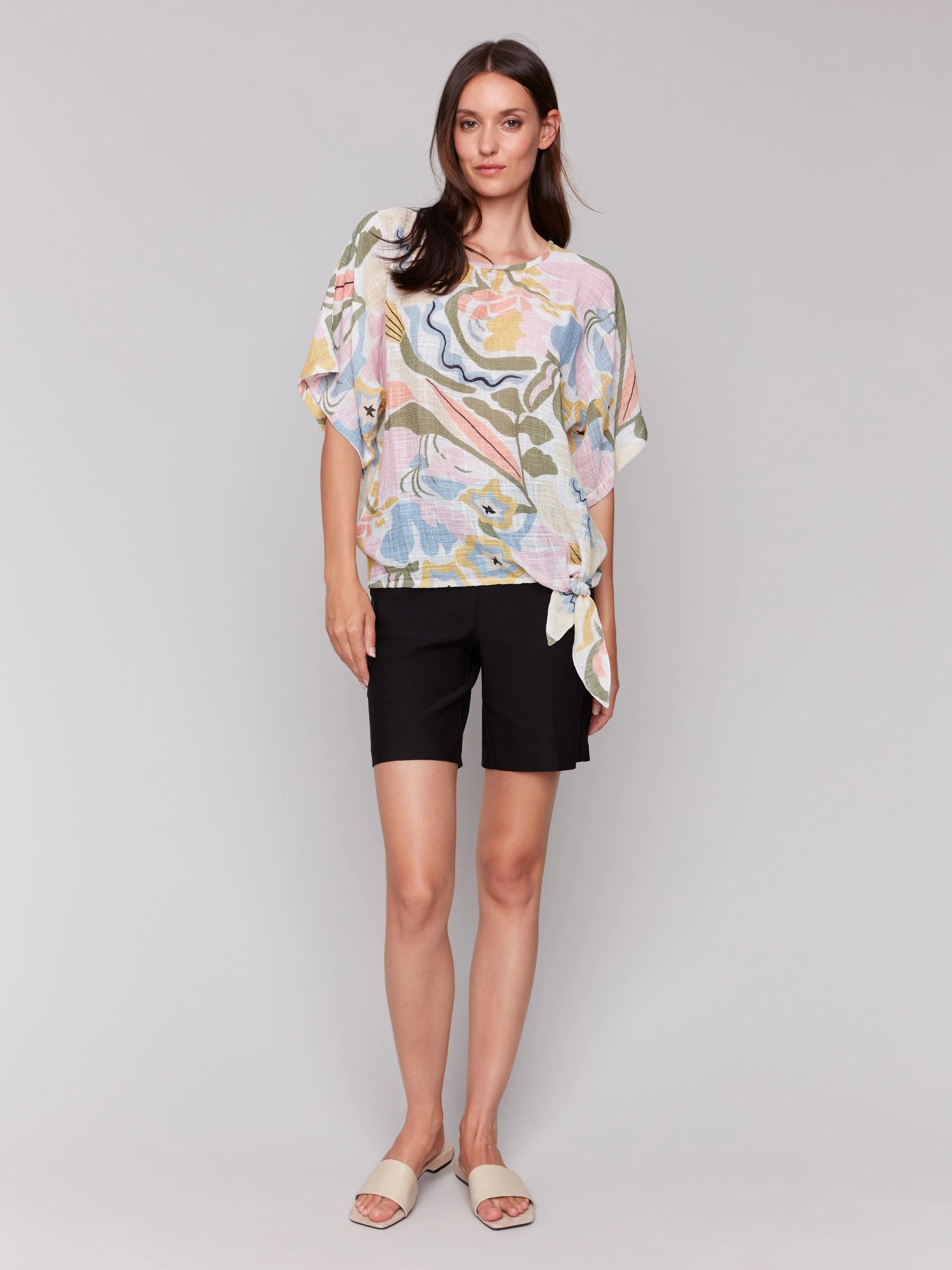 Printed Cotton Gauze Blouse with Side Tie - Pastel