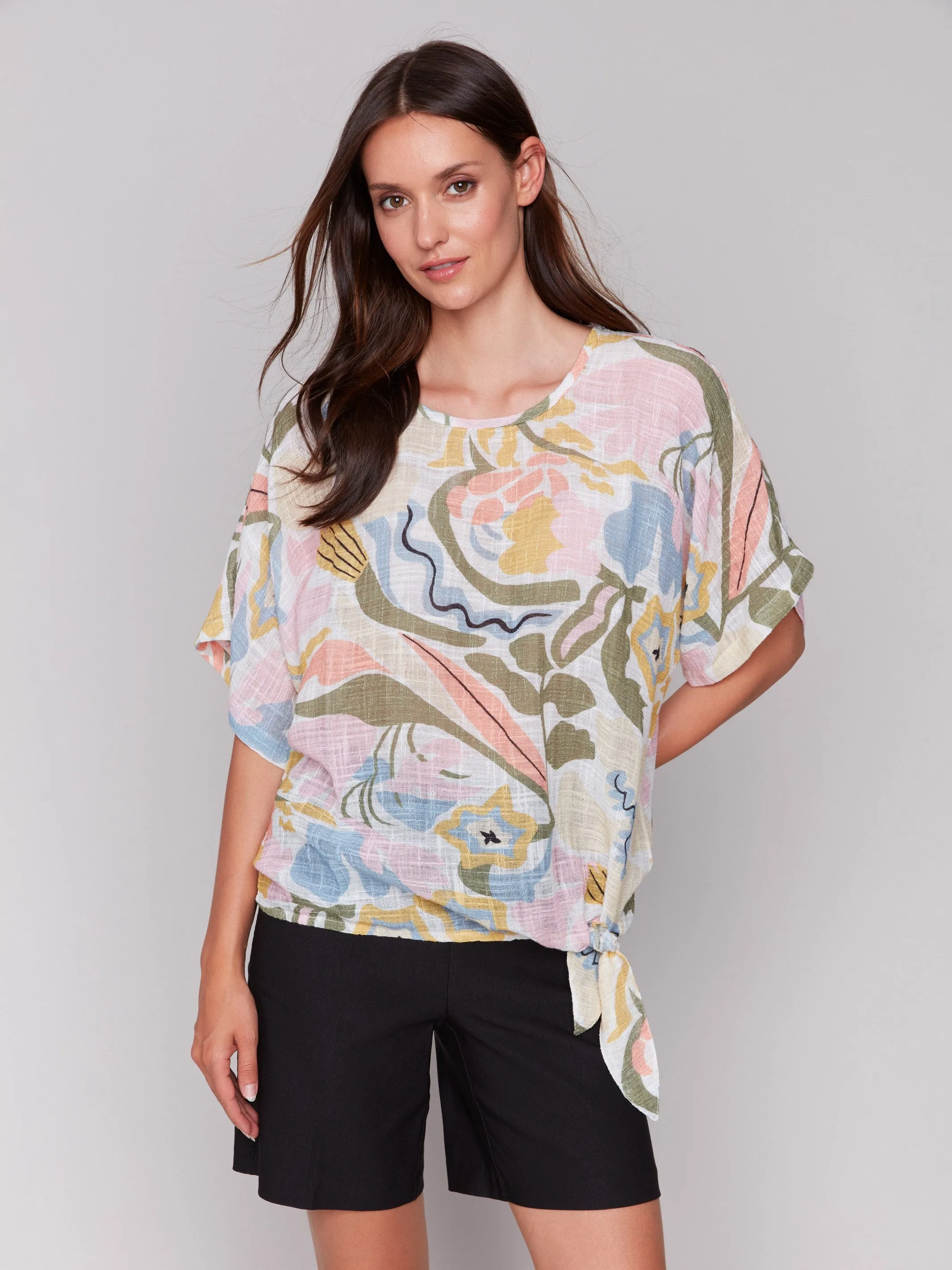 Printed Cotton Gauze Blouse with Side Tie - Pastel