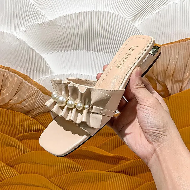 Summer New Pearl Low Heel Sandals And Slippers