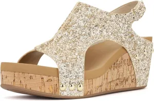 Wedge Sandals For Women Comfortable Dressy Open Toe Ankle Strap Casual Slip on Platform Sparkly Glitter Summer Dress Shoes