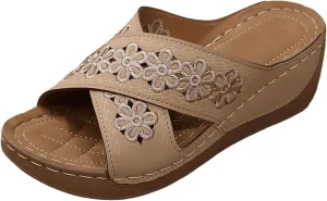Wedge Sandals for Women Dressy Summer Woven Comfy Casual Slip On Sandals Rubber Sole Walking Shoes Fashion Flowers Cutout Slippers Slide Comfortable Walking Platform Sandal
