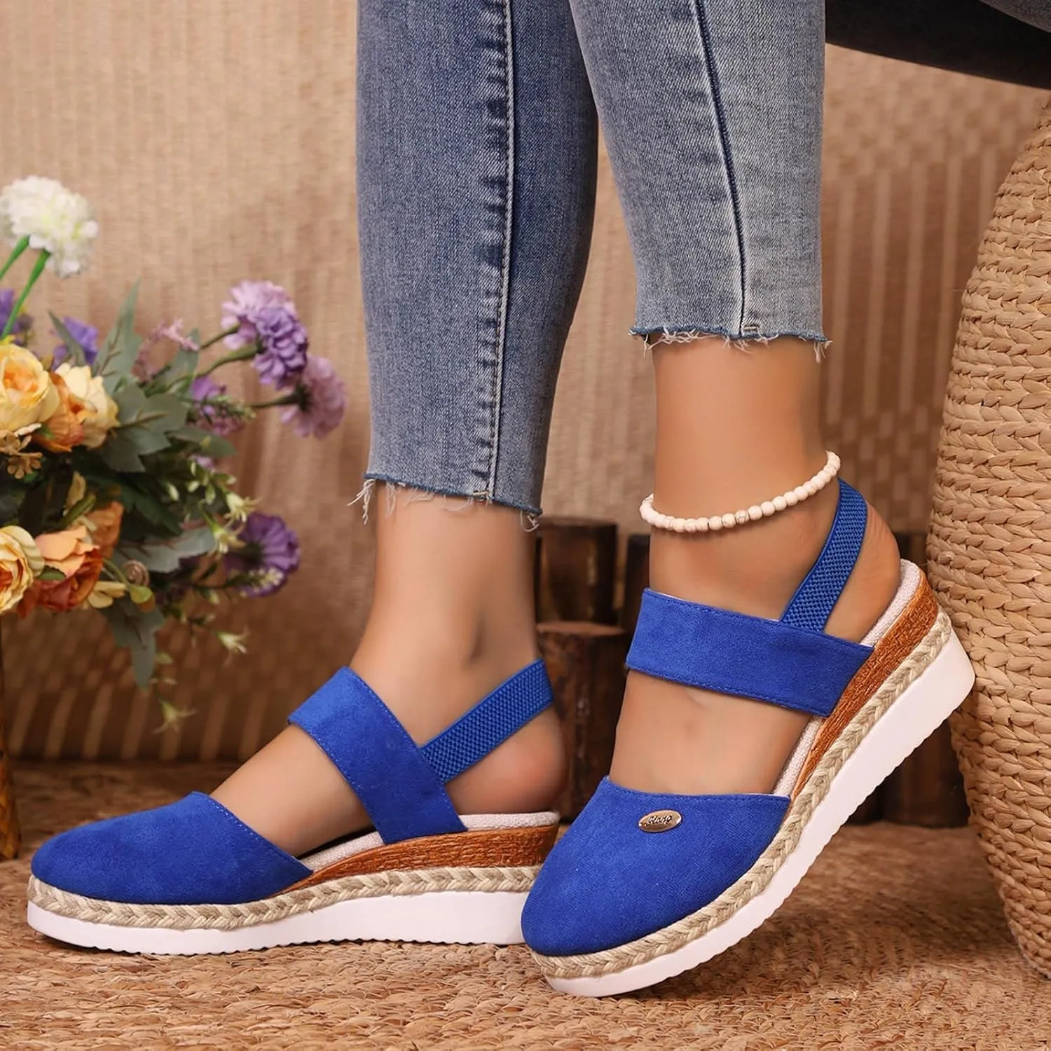 Wedge Sandals for Women Summer Espadrilles Wedges Pointed Toe Ankle Strap Platform Sandals, Comfortable Cork Closed Toe Espadrilles Casual Orthopedic Sandal with Arch Support