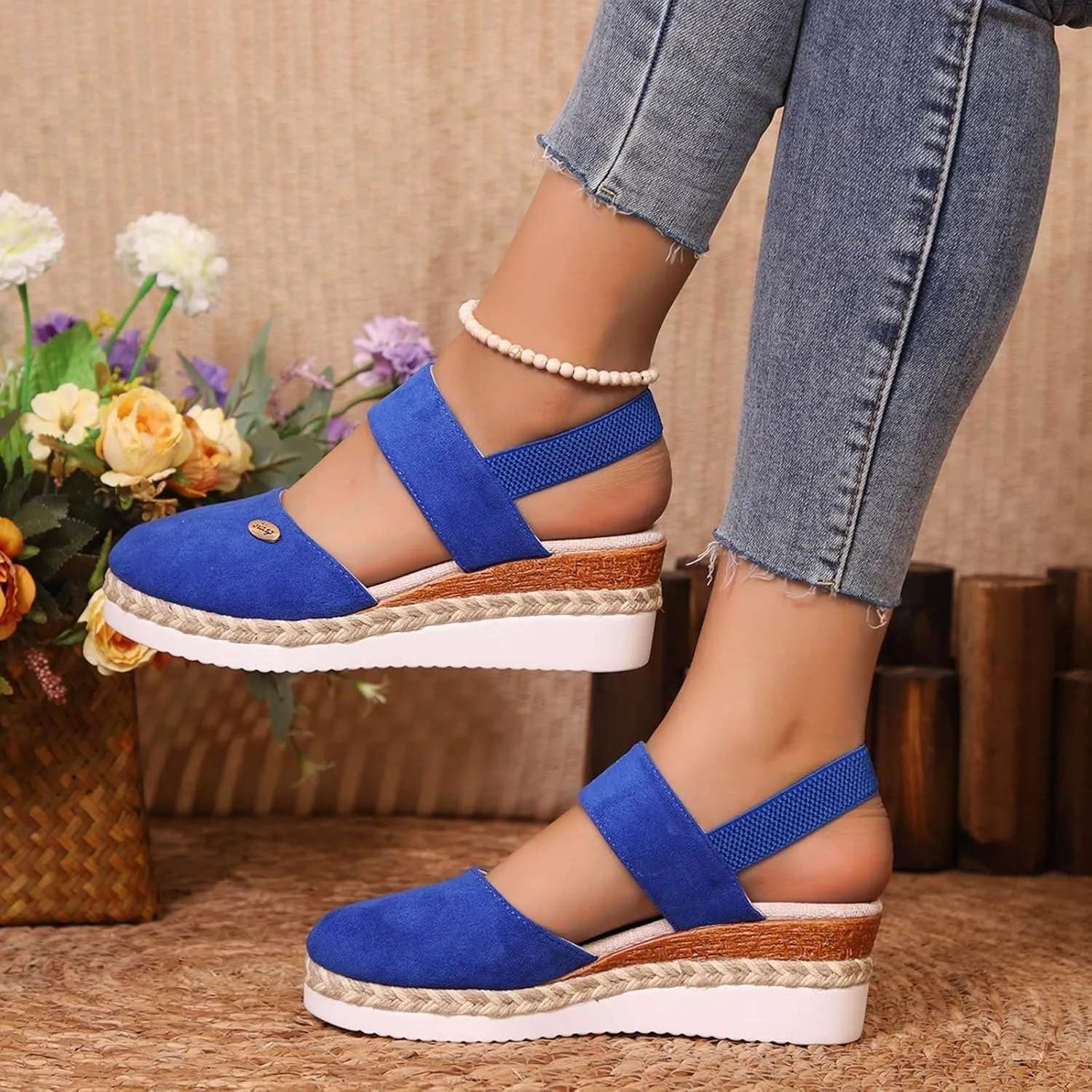 Wedge Sandals for Women Summer Espadrilles Wedges Pointed Toe Ankle Strap Platform Sandals, Comfortable Cork Closed Toe Espadrilles Casual Orthopedic Sandal with Arch Support