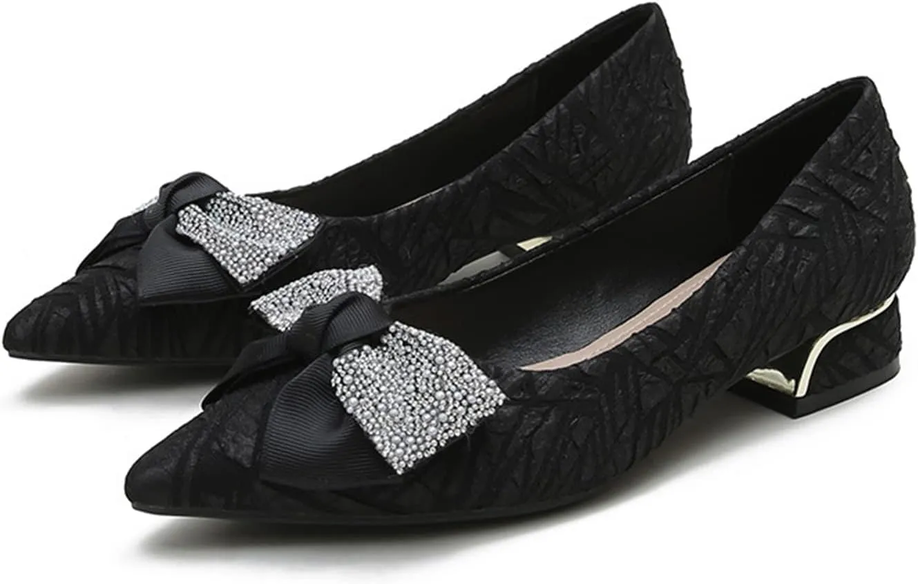 Women Pointed Toe Bow Dress Pumps Slip On Fashion Comfortable Low Block Heel Wedding Party Shoes