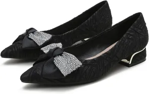 Women Pointed Toe Bow Dress Pumps Slip On Fashion Comfortable Low Block Heel Wedding Party Shoes
