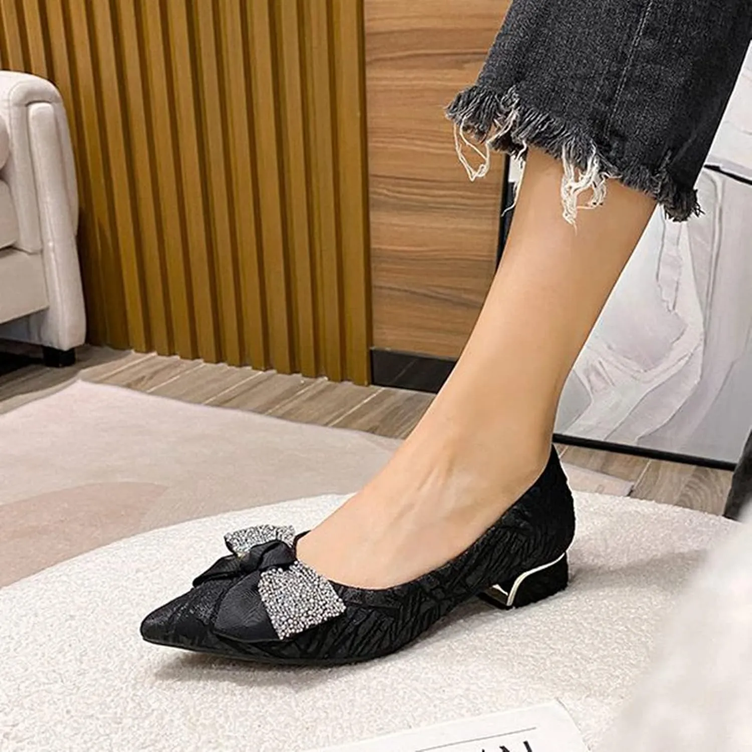 Women Pointed Toe Bow Dress Pumps Slip On Fashion Comfortable Low Block Heel Wedding Party Shoes