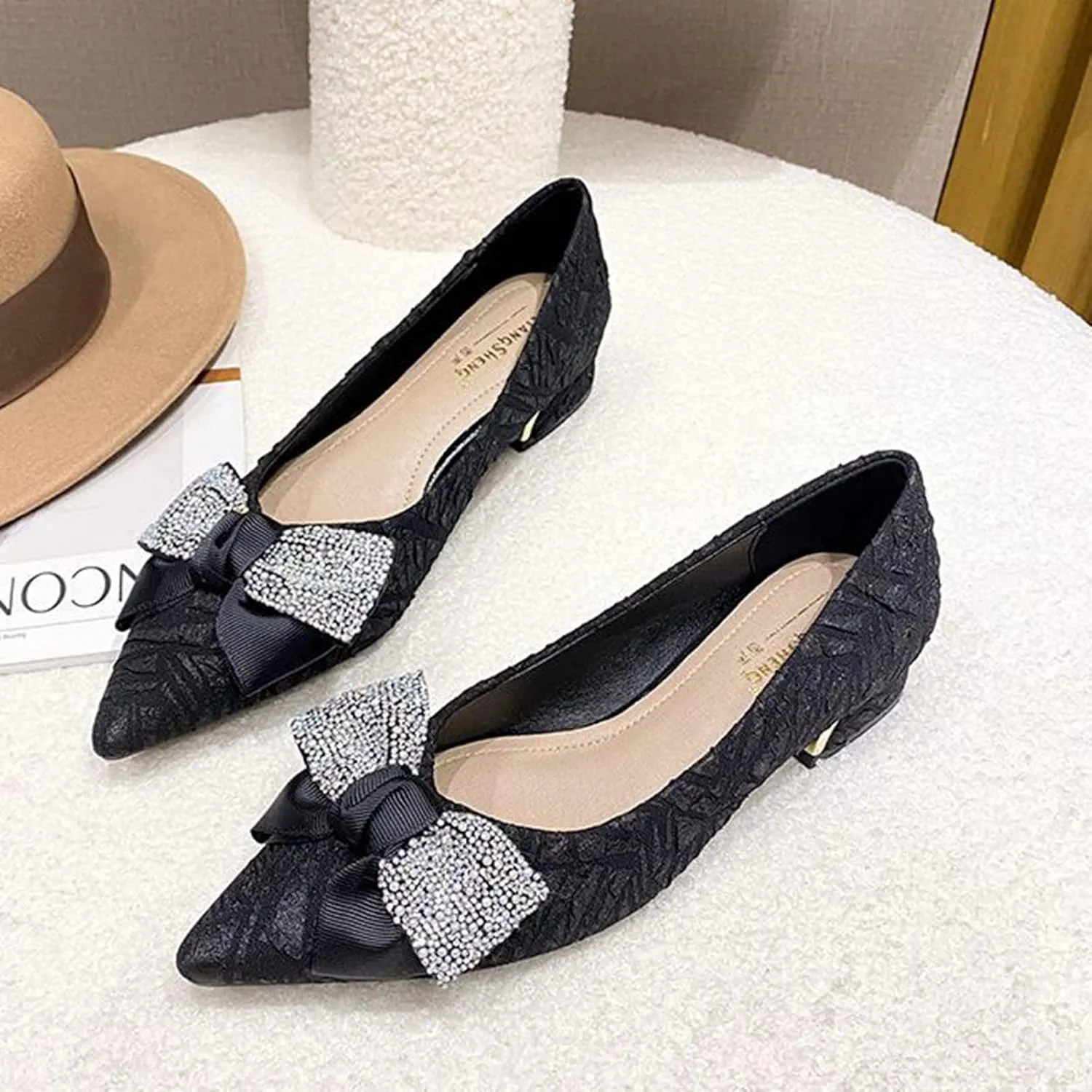 Women Pointed Toe Bow Dress Pumps Slip On Fashion Comfortable Low Block Heel Wedding Party Shoes