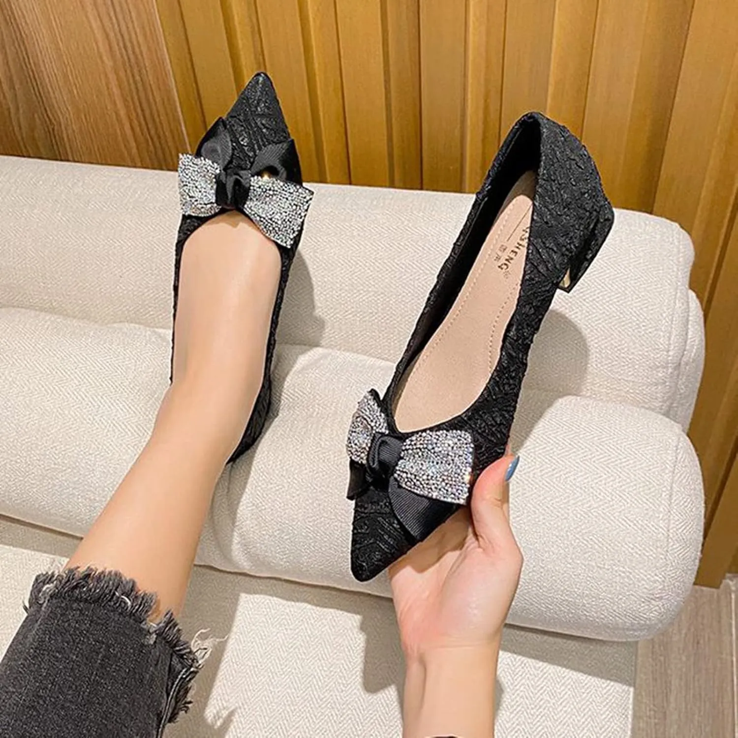 Women Pointed Toe Bow Dress Pumps Slip On Fashion Comfortable Low Block Heel Wedding Party Shoes