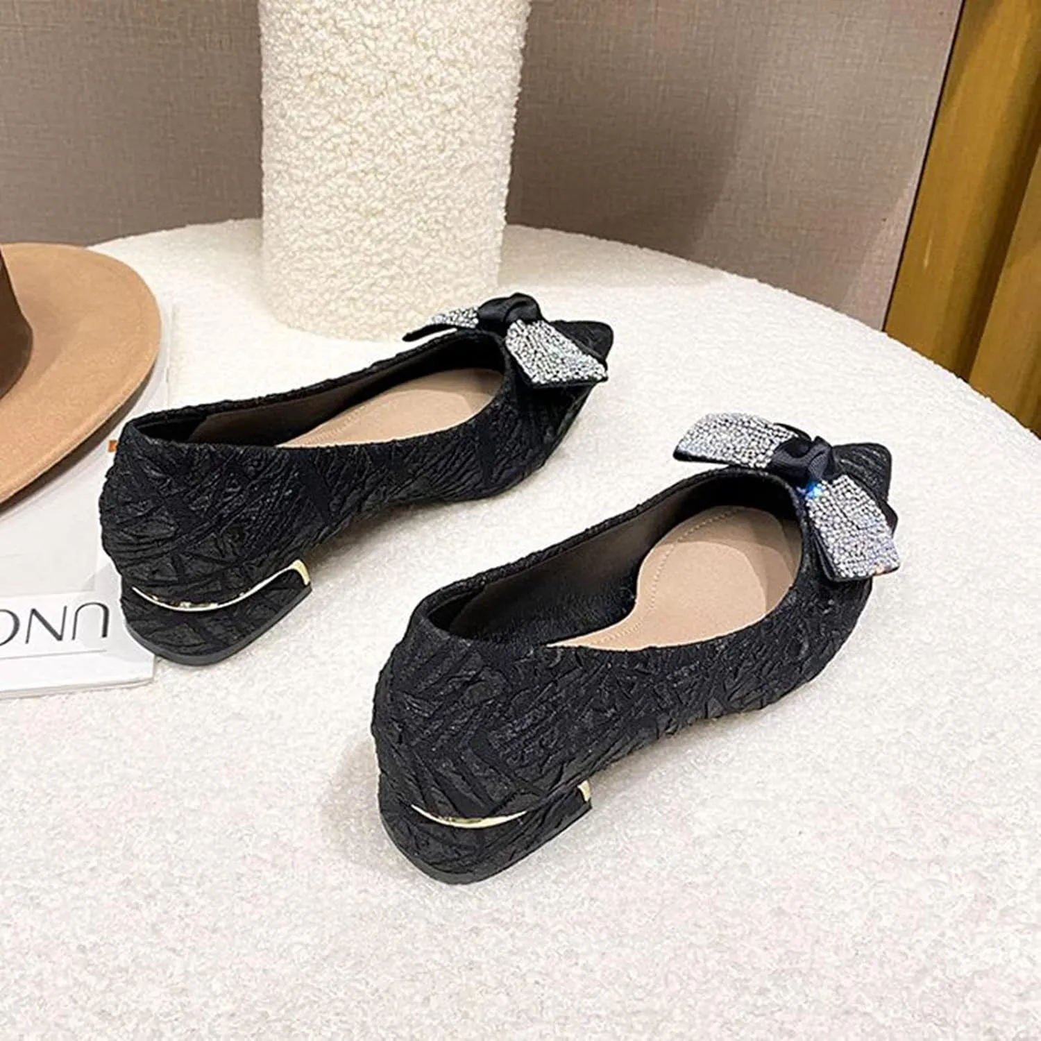 Women Pointed Toe Bow Dress Pumps Slip On Fashion Comfortable Low Block Heel Wedding Party Shoes