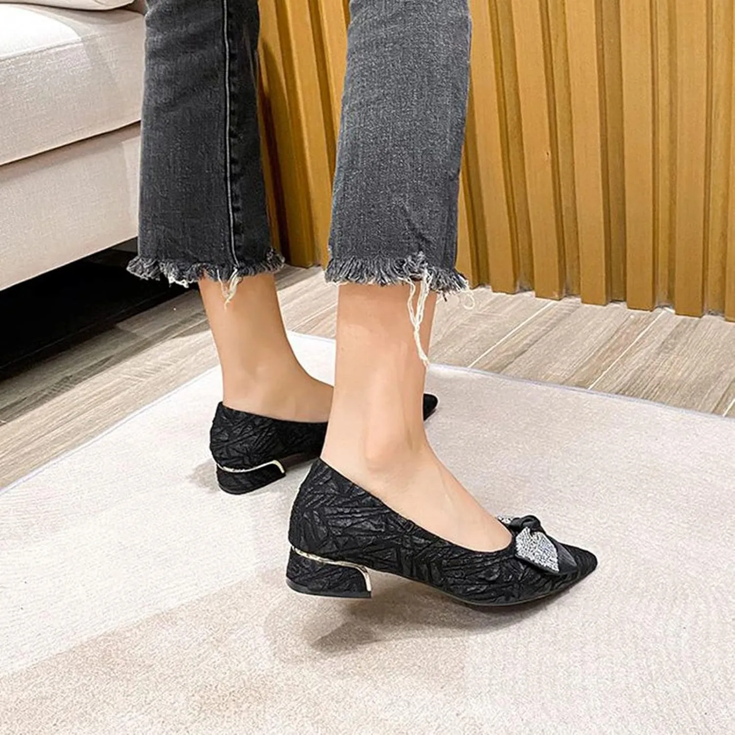 Women Pointed Toe Bow Dress Pumps Slip On Fashion Comfortable Low Block Heel Wedding Party Shoes