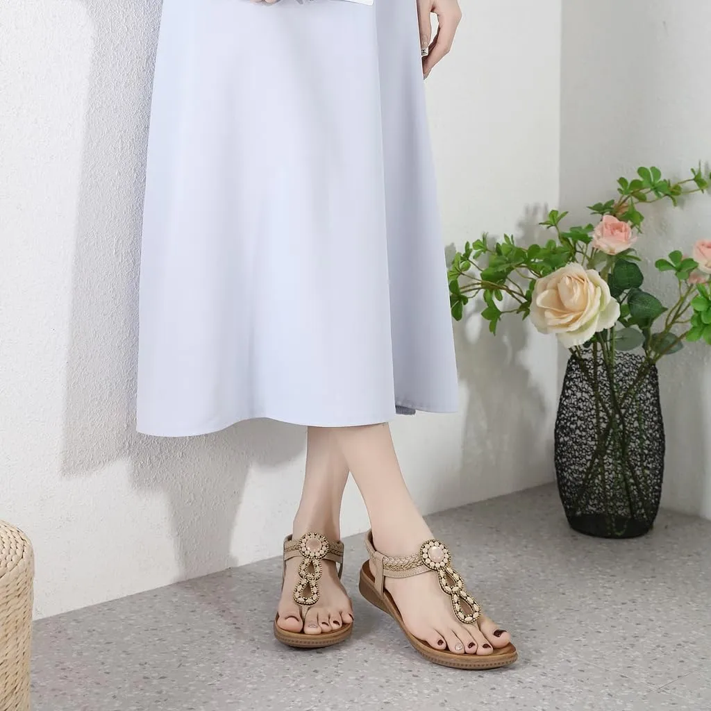 Women's Bohemian Rhinestone T-strap Flat Sandals Summer Comfortable Flipflops Embellished Beach Thong Sandal