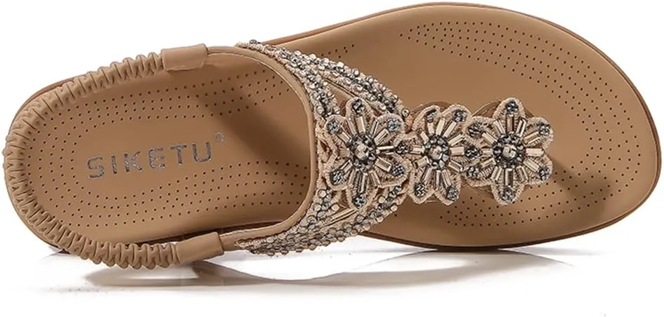 Women's Bohemian Rhinestone T-strap Flat Sandals Summer Comfortable Flipflops Embellished Beach Thong Sandal