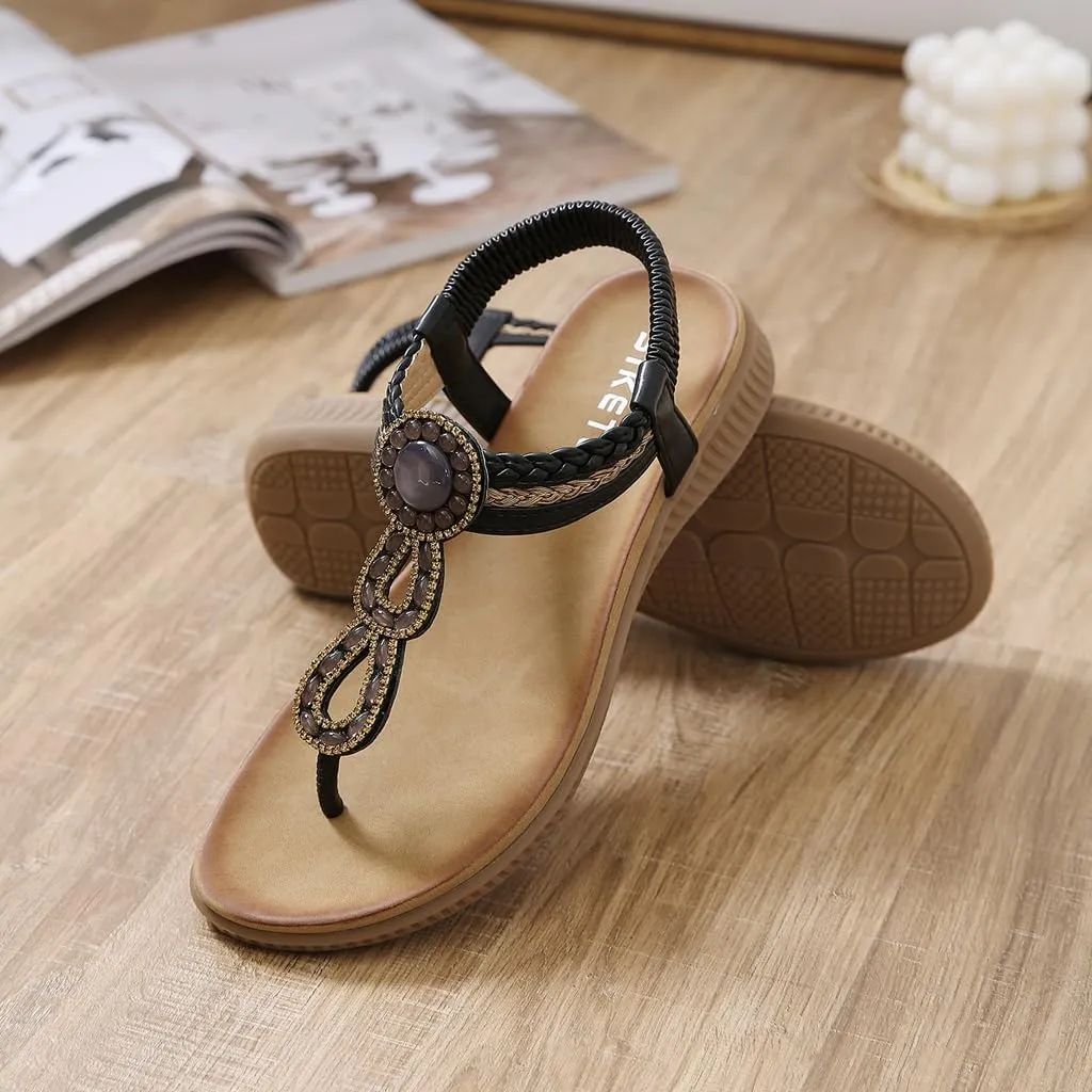 Women's Bohemian Rhinestone T-strap Flat Sandals Summer Comfortable Flipflops Embellished Beach Thong Sandal