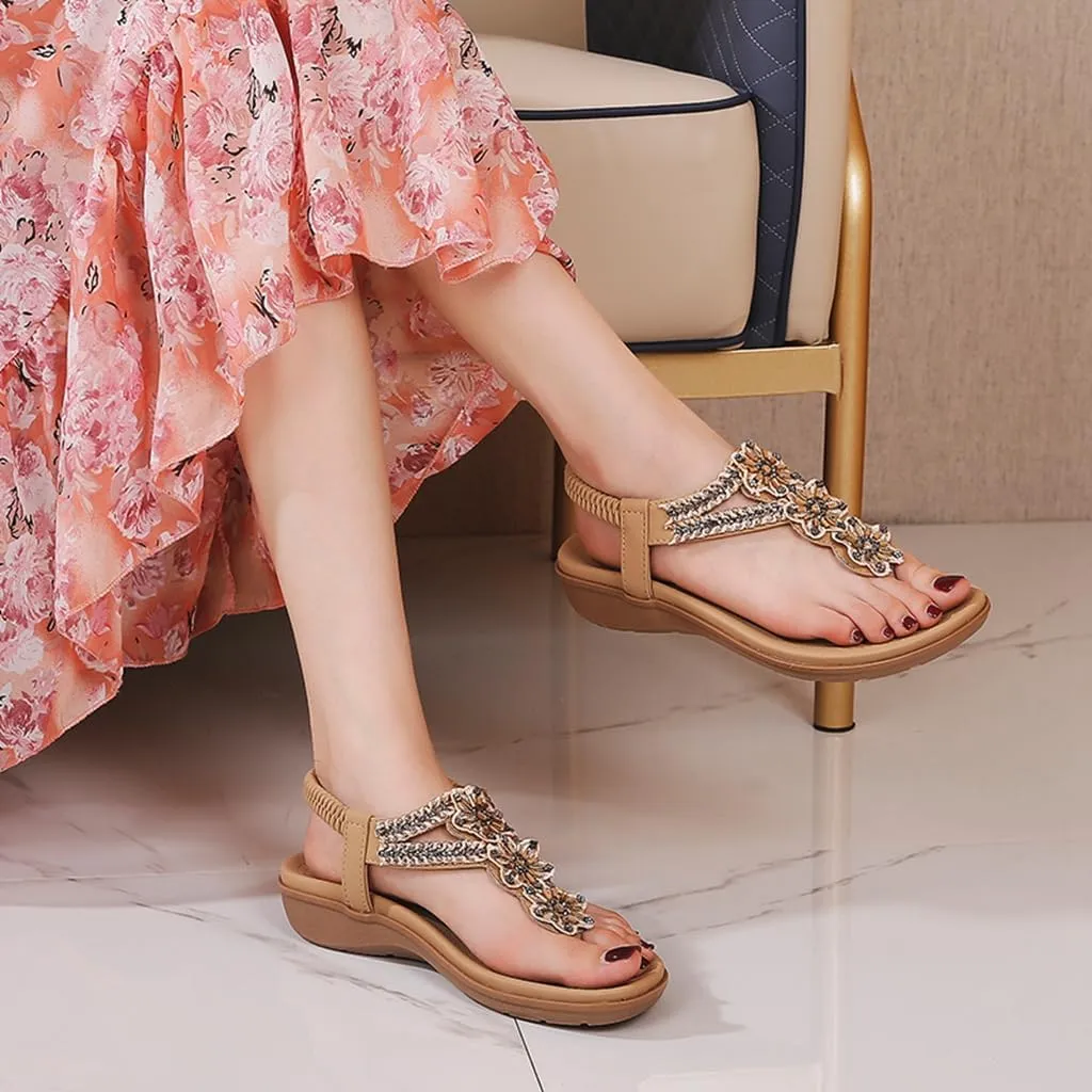Women's Bohemian Rhinestone T-strap Flat Sandals Summer Comfortable Flipflops Embellished Beach Thong Sandal