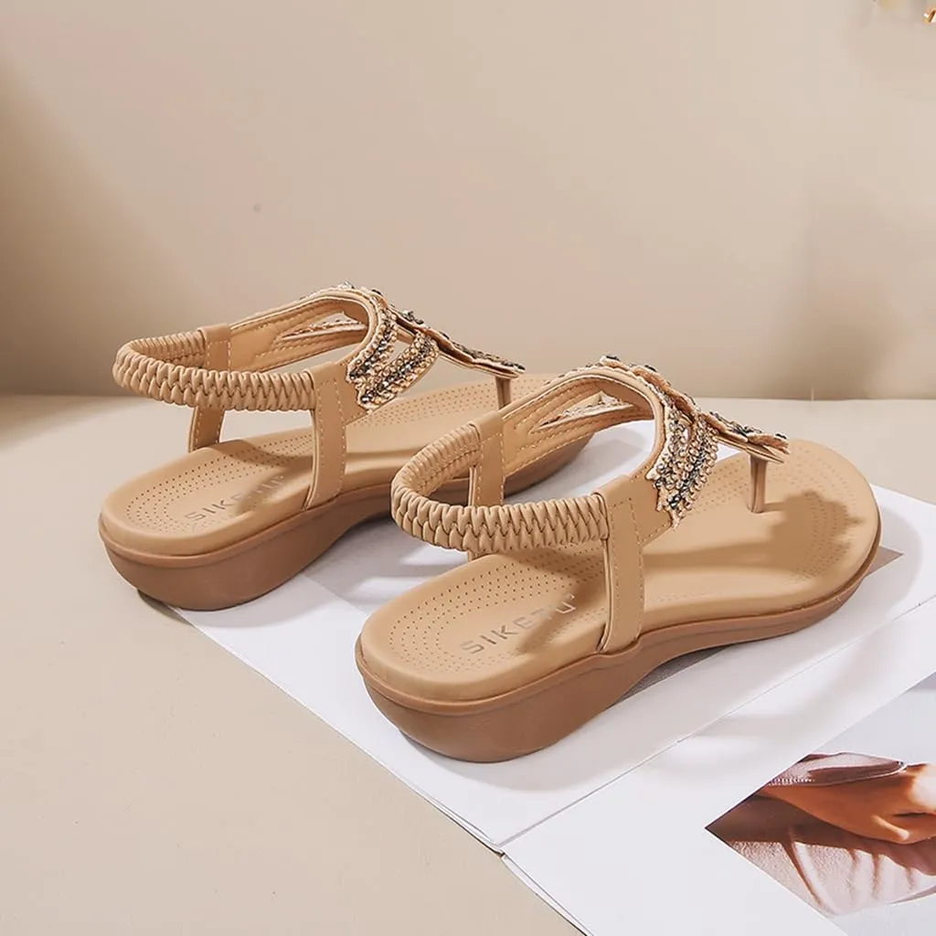 Women's Bohemian Rhinestone T-strap Flat Sandals Summer Comfortable Flipflops Embellished Beach Thong Sandal