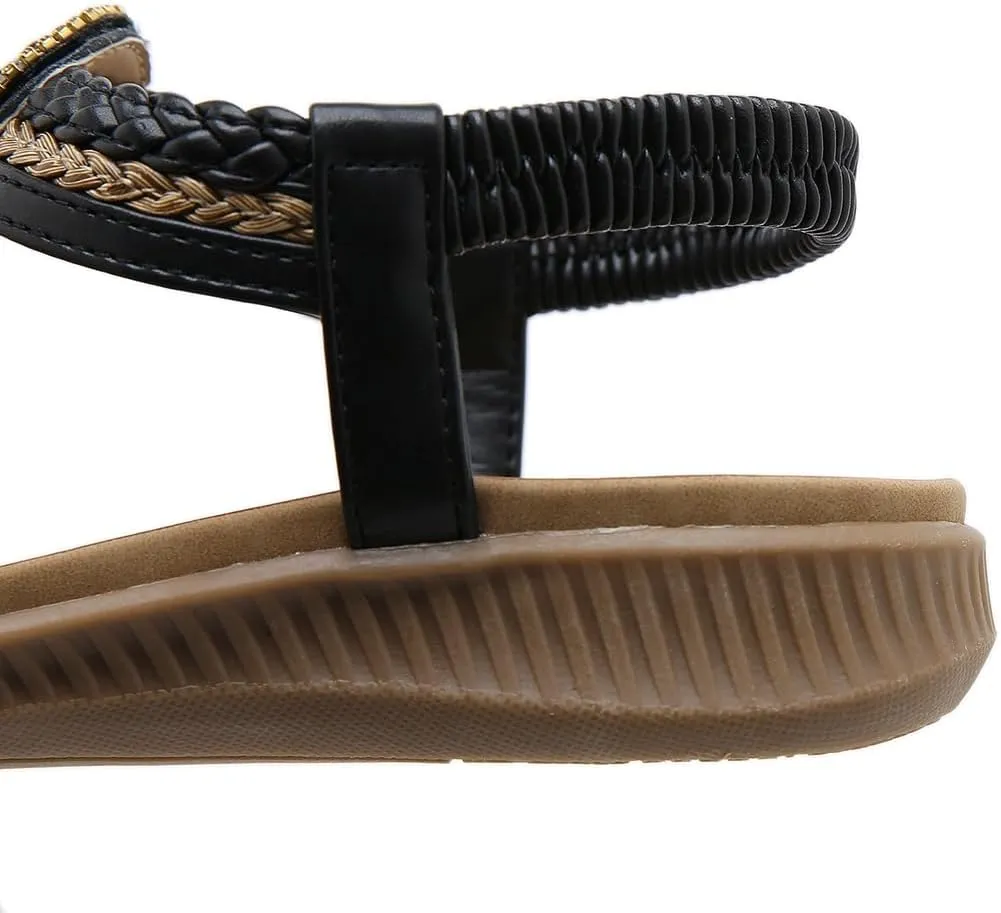 Women's Bohemian Rhinestone T-strap Flat Sandals Summer Comfortable Flipflops Embellished Beach Thong Sandal