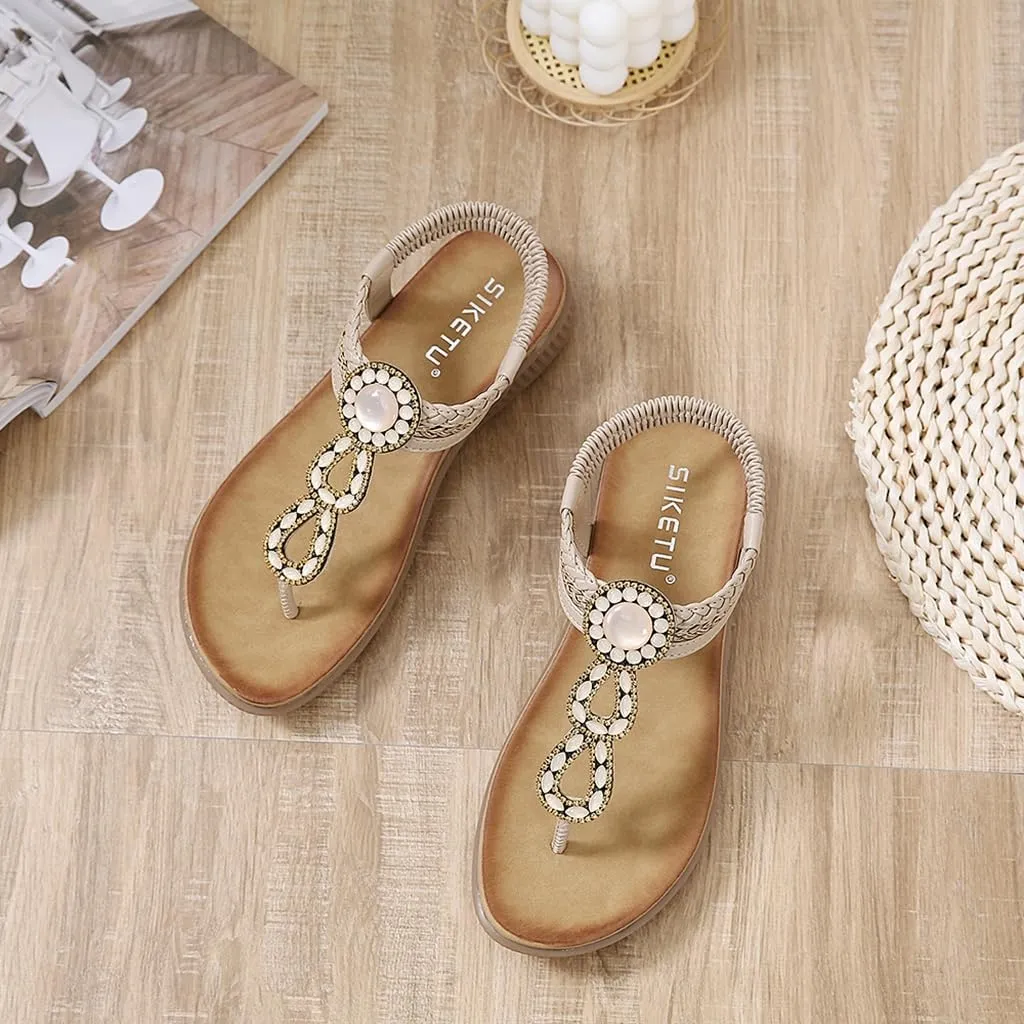 Women's Bohemian Rhinestone T-strap Flat Sandals Summer Comfortable Flipflops Embellished Beach Thong Sandal