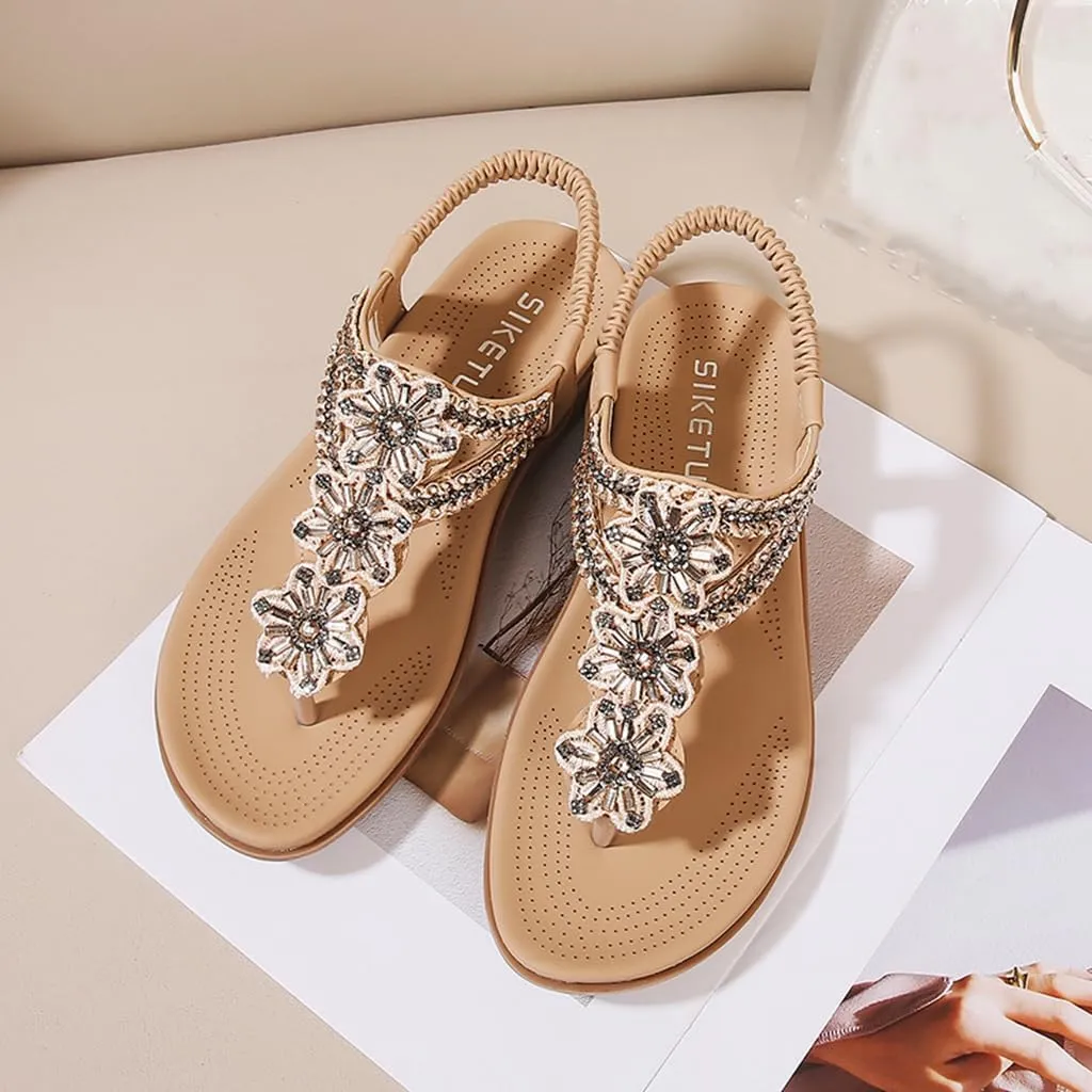 Women's Bohemian Rhinestone T-strap Flat Sandals Summer Comfortable Flipflops Embellished Beach Thong Sandal