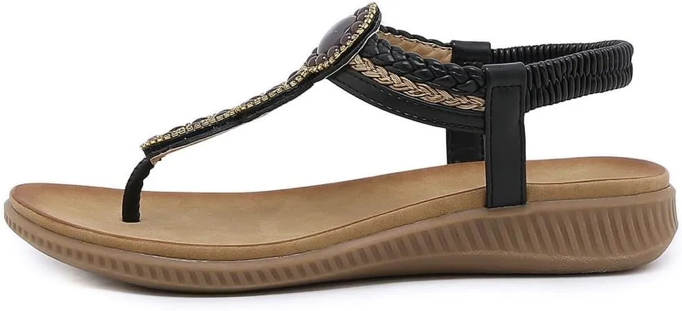 Women's Bohemian Rhinestone T-strap Flat Sandals Summer Comfortable Flipflops Embellished Beach Thong Sandal