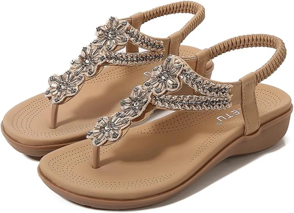 Women's Bohemian Rhinestone T-strap Flat Sandals Summer Comfortable Flipflops Embellished Beach Thong Sandal