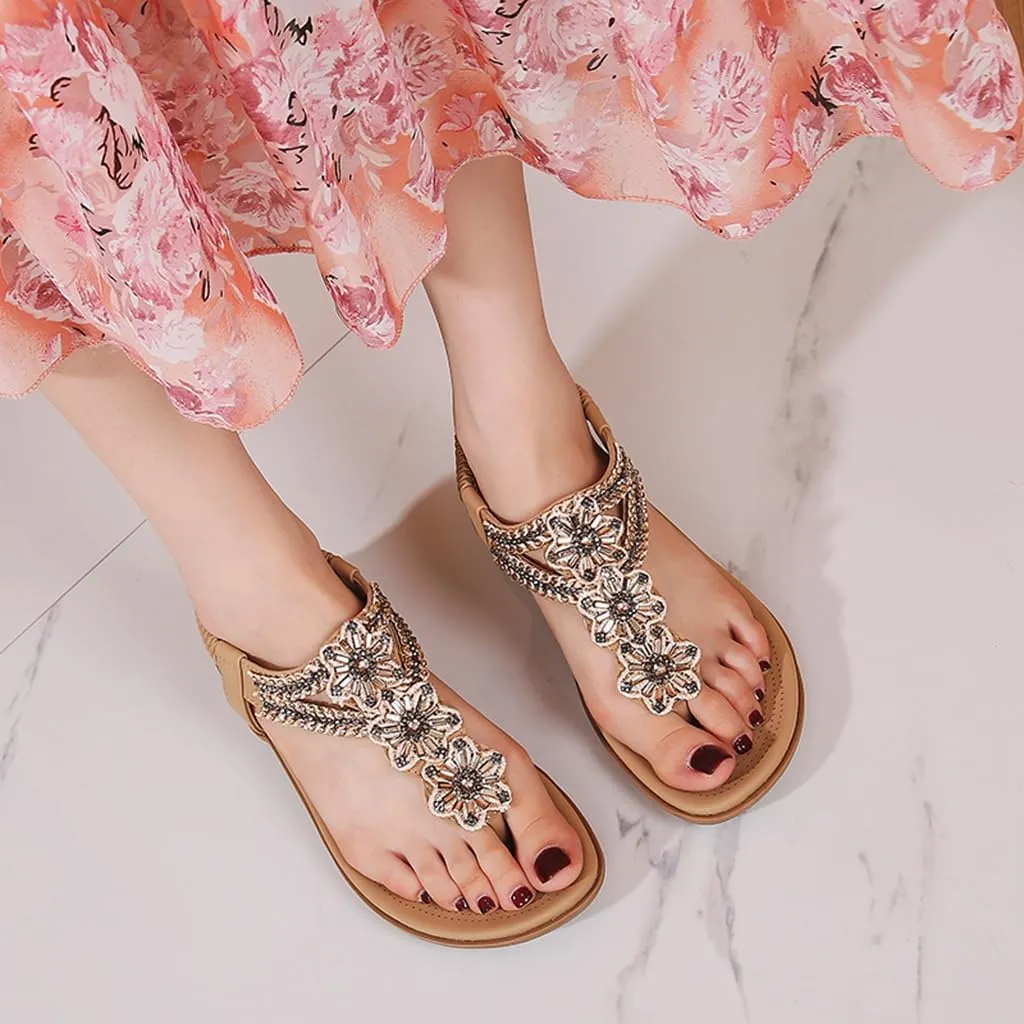Women's Bohemian Rhinestone T-strap Flat Sandals Summer Comfortable Flipflops Embellished Beach Thong Sandal