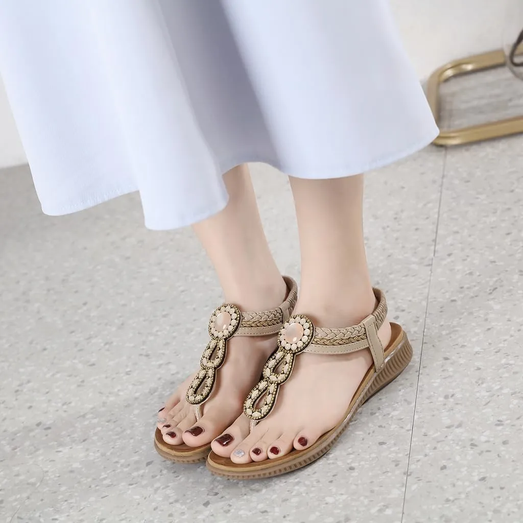 Women's Bohemian Rhinestone T-strap Flat Sandals Summer Comfortable Flipflops Embellished Beach Thong Sandal