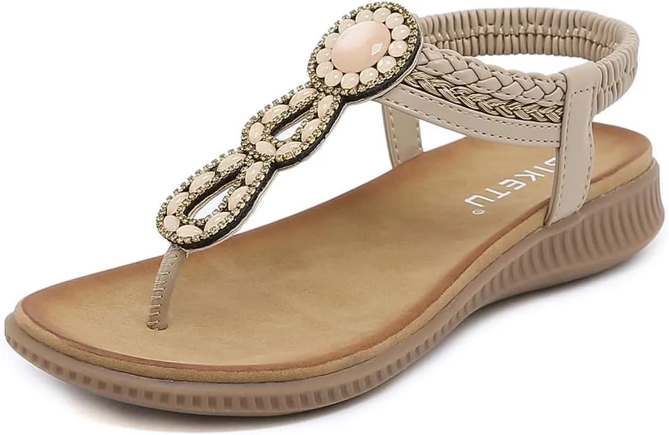 Women's Bohemian Rhinestone T-strap Flat Sandals Summer Comfortable Flipflops Embellished Beach Thong Sandal