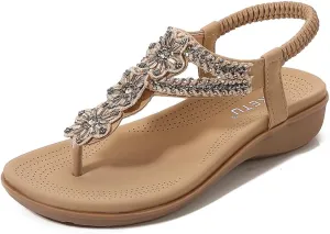 Women's Bohemian Rhinestone T-strap Flat Sandals Summer Comfortable Flipflops Embellished Beach Thong Sandal