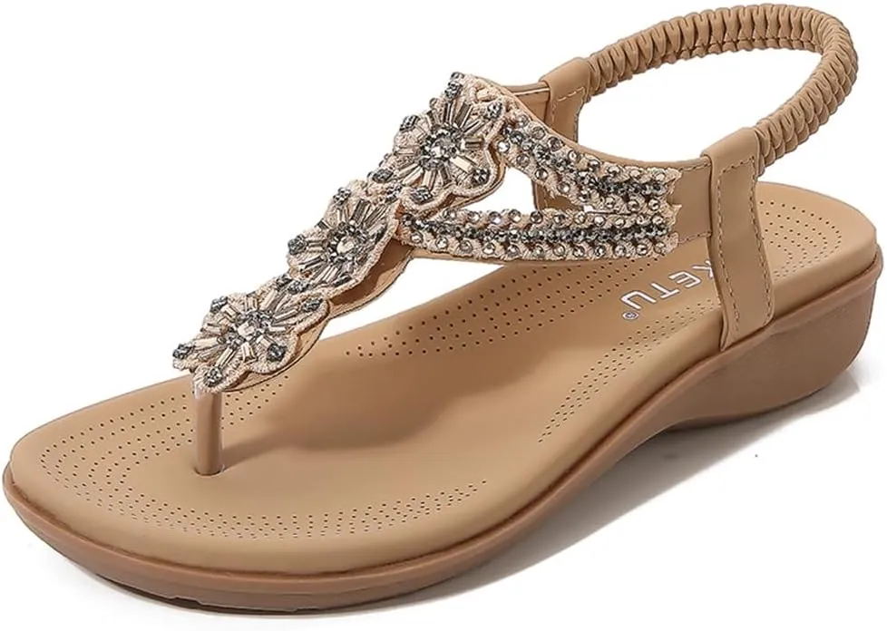 Women's Bohemian Rhinestone T-strap Flat Sandals Summer Comfortable Flipflops Embellished Beach Thong Sandal