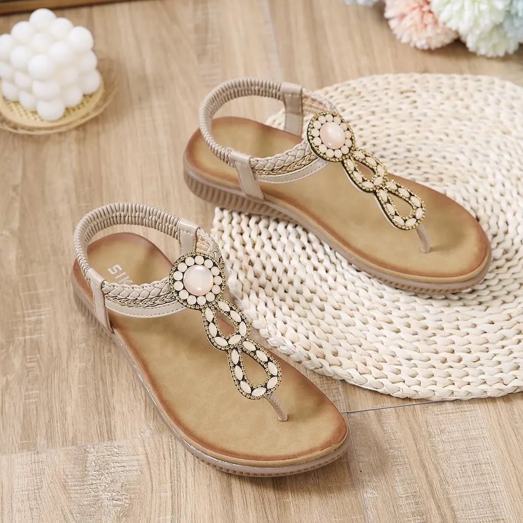Women's Bohemian Rhinestone T-strap Flat Sandals Summer Comfortable Flipflops Embellished Beach Thong Sandal