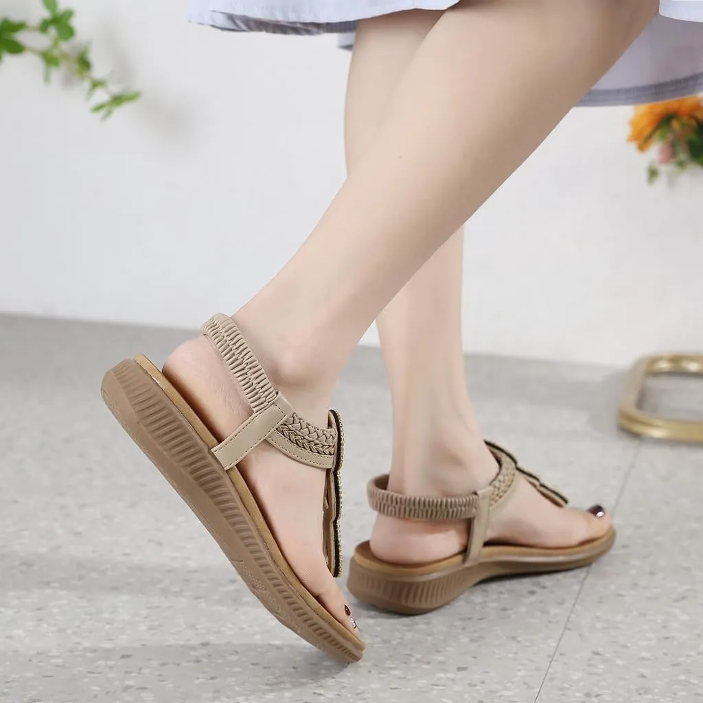 Women's Bohemian Rhinestone T-strap Flat Sandals Summer Comfortable Flipflops Embellished Beach Thong Sandal