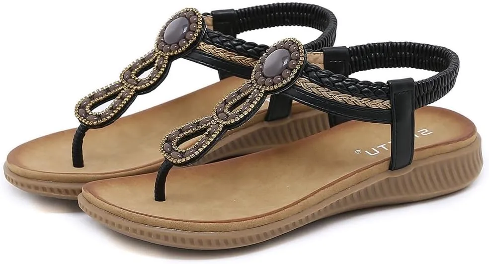 Women's Bohemian Rhinestone T-strap Flat Sandals Summer Comfortable Flipflops Embellished Beach Thong Sandal