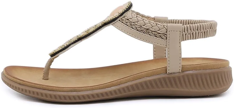 Women's Bohemian Rhinestone T-strap Flat Sandals Summer Comfortable Flipflops Embellished Beach Thong Sandal