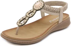 Women's Bohemian Rhinestone T-strap Flat Sandals Summer Comfortable Flipflops Embellished Beach Thong Sandal