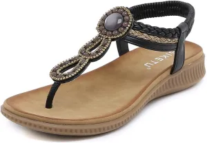 Women's Bohemian Rhinestone T-strap Flat Sandals Summer Comfortable Flipflops Embellished Beach Thong Sandal