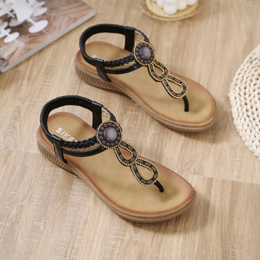 Women's Bohemian Rhinestone T-strap Flat Sandals Summer Comfortable Flipflops Embellished Beach Thong Sandal