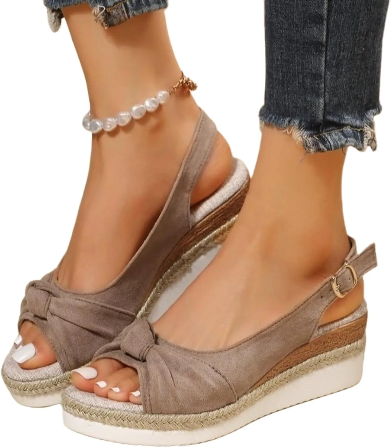 Women's Espadrille Wedge Sandal Wide Width Summer Dressy Open Toe Ankle Strap Wedges Heels Sandals Orthopedic Comfortable Anti Slip Slingback Bowknot Casual Shoes Beach Boho Dress Espadrille Footwear