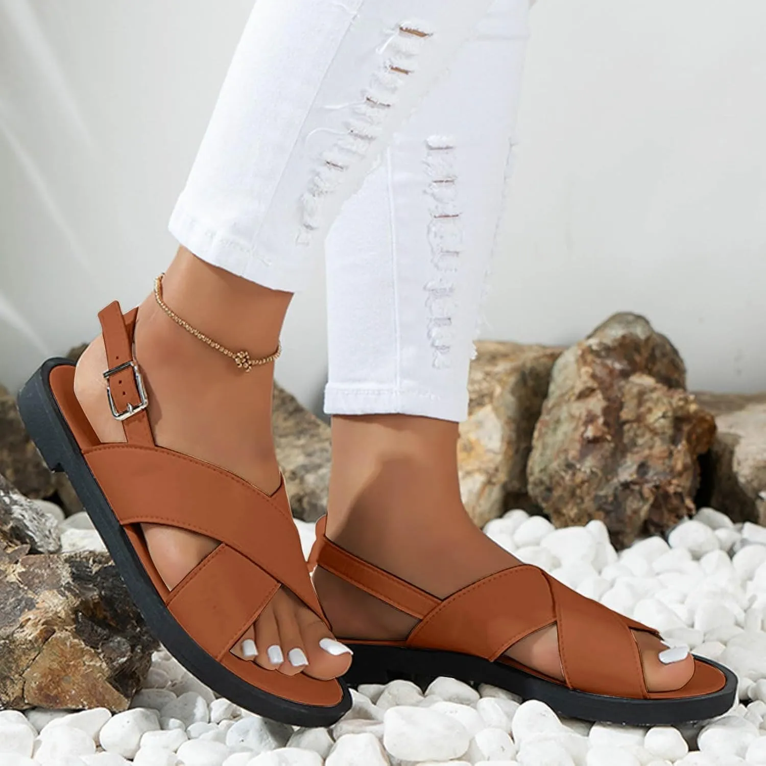 Women's Flat Dress Shoes Wide Width Sandals 2025 Summer Fashionable Casual Retro Hollow Open Toe Comfortable Sandals Boho Casual High Wedges Walking Adjustable Strappy Footwear