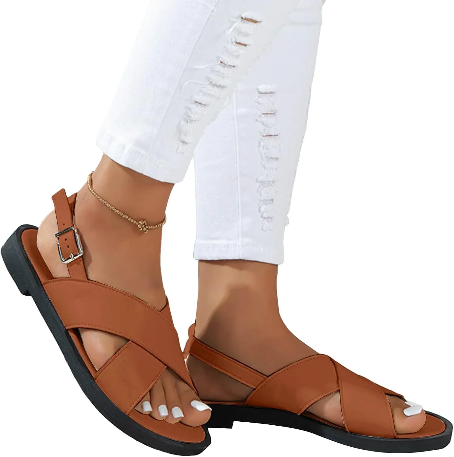 Women's Flat Dress Shoes Wide Width Sandals 2025 Summer Fashionable Casual Retro Hollow Open Toe Comfortable Sandals Boho Casual High Wedges Walking Adjustable Strappy Footwear