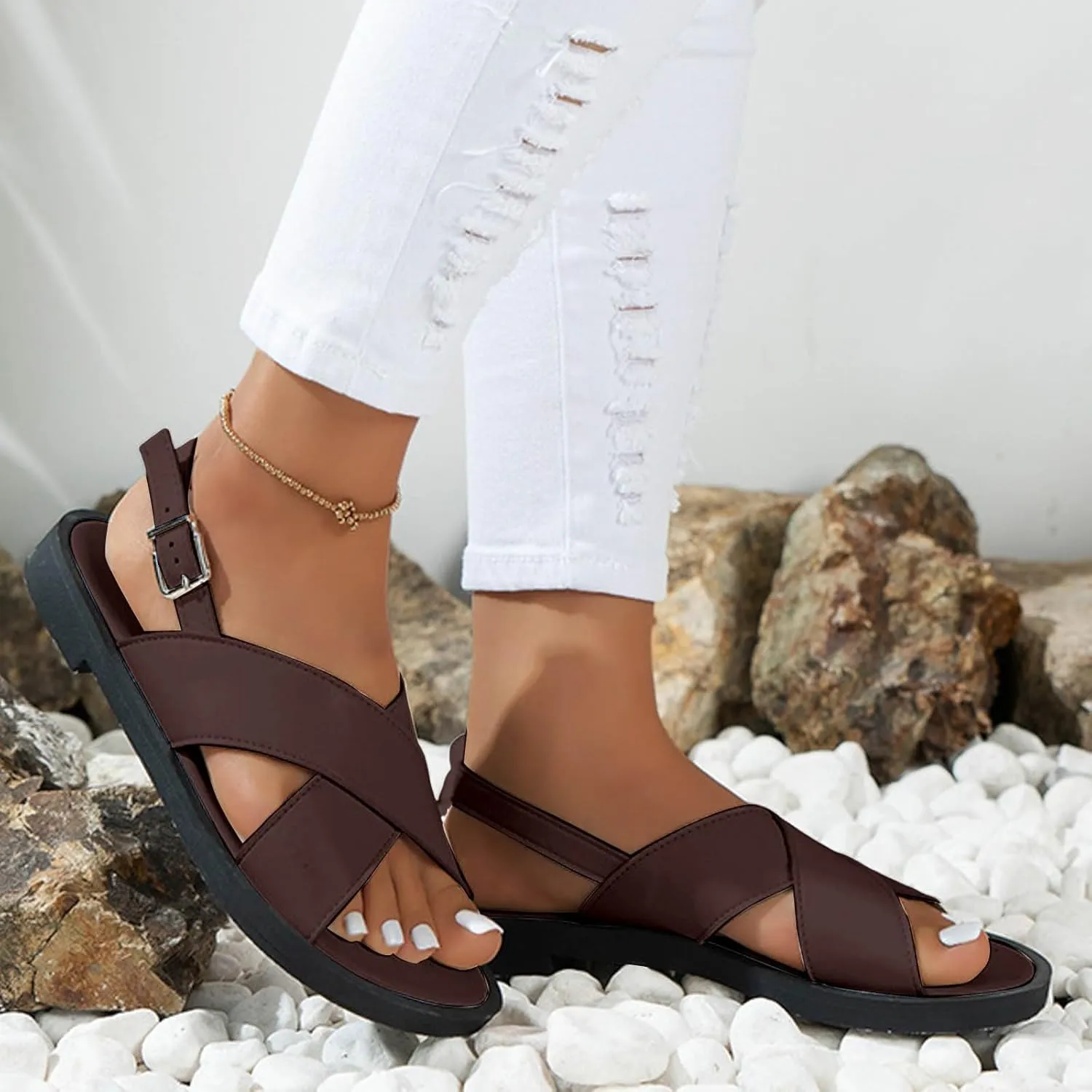 Women's Flat Dress Shoes Wide Width Sandals 2025 Summer Fashionable Casual Retro Hollow Open Toe Comfortable Sandals Boho Casual High Wedges Walking Adjustable Strappy Footwear