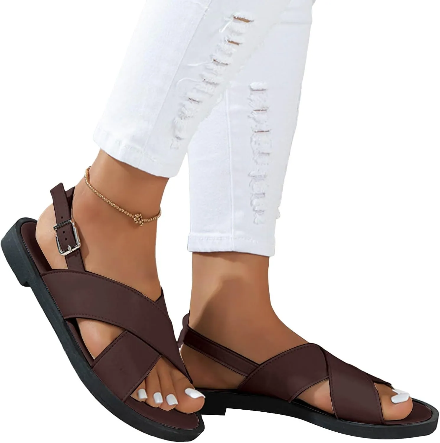 Women's Flat Dress Shoes Wide Width Sandals 2025 Summer Fashionable Casual Retro Hollow Open Toe Comfortable Sandals Boho Casual High Wedges Walking Adjustable Strappy Footwear