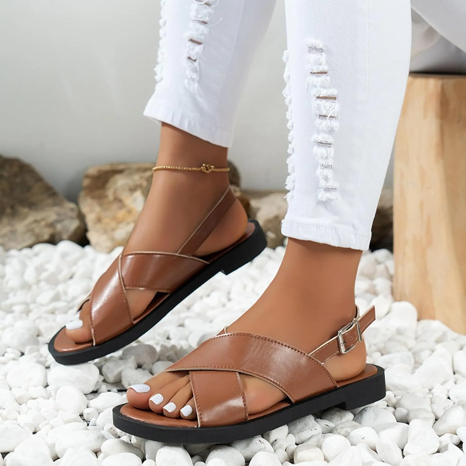 Women's Flat Dress Shoes Wide Width Sandals 2025 Summer Fashionable Casual Retro Hollow Open Toe Comfortable Sandals Boho Casual High Wedges Walking Adjustable Strappy Footwear
