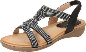 Womens Flats Bohemia Glitter Love Pattern Sandals Open Toe Ankle Strap Beach Sandal Comfortable Summer Dress Shoes