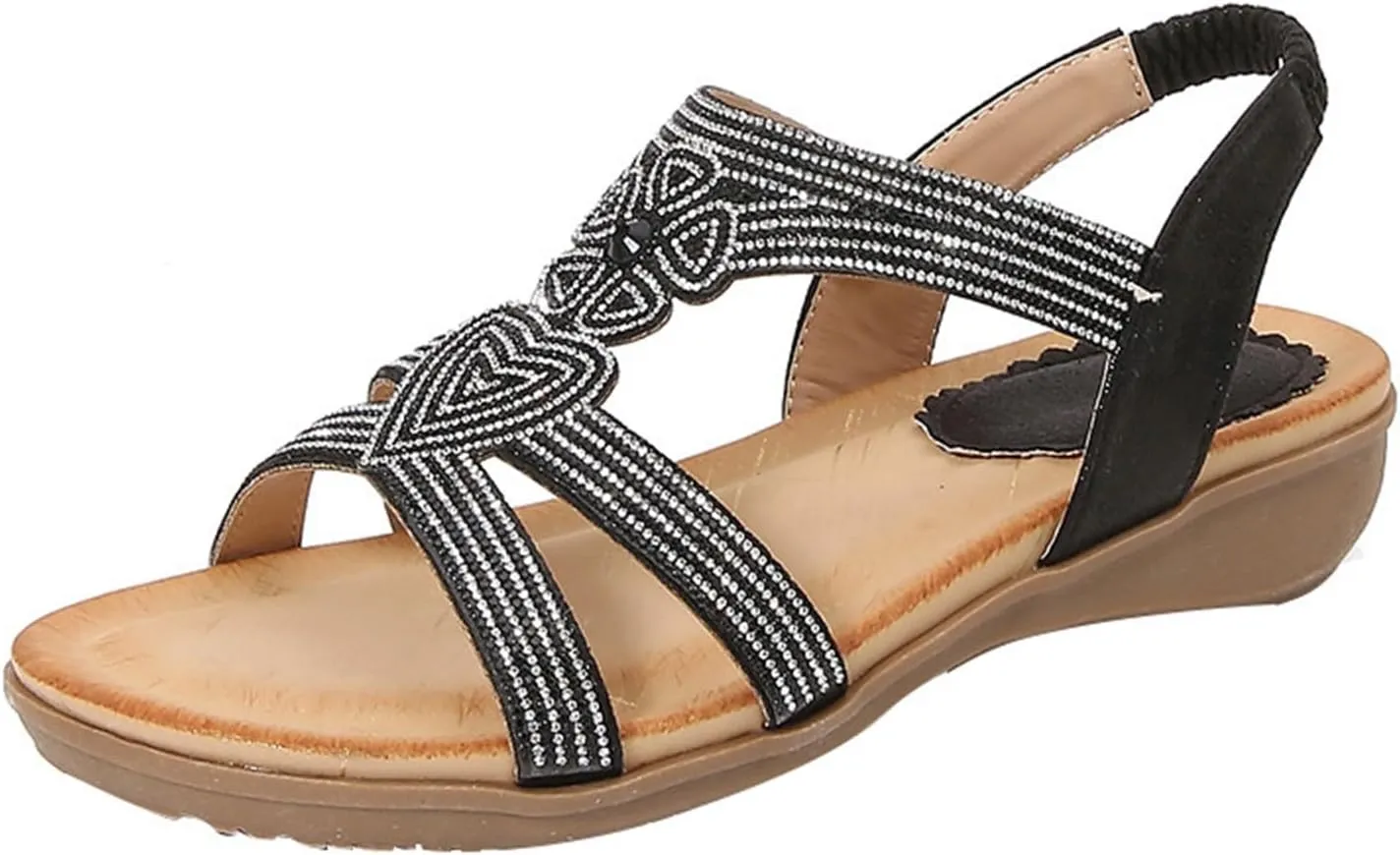 Womens Flats Bohemia Glitter Love Pattern Sandals Open Toe Ankle Strap Beach Sandal Comfortable Summer Dress Shoes